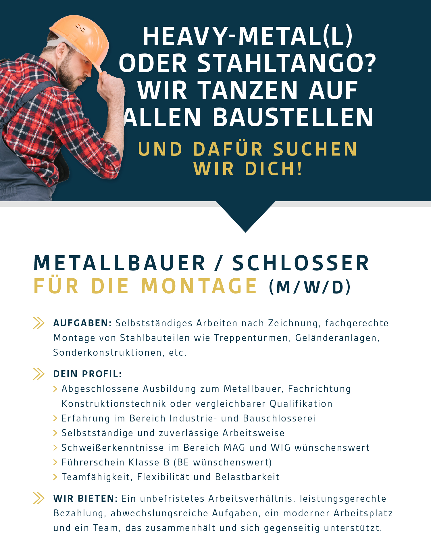 Suchanzeige für Metallbauer/Schlosser für Montage mit Beschreibung von Aufgaben, Profilanforderungen und Angeboten.