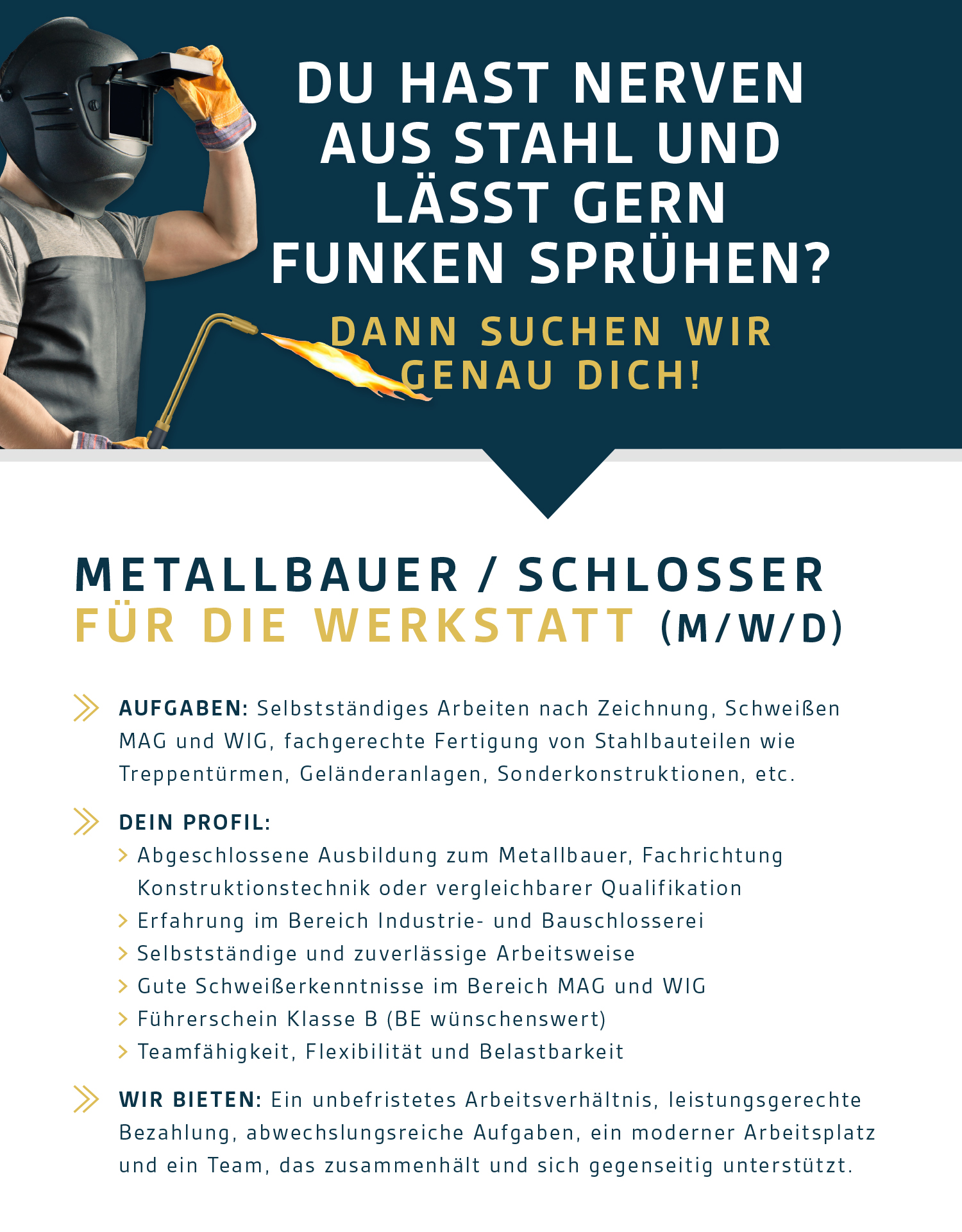 "Anzeige für Metallbauer/Schlosser mit Schweißarbeiten, Aufgaben, Profilanforderungen und Arbeitsbedingungen."