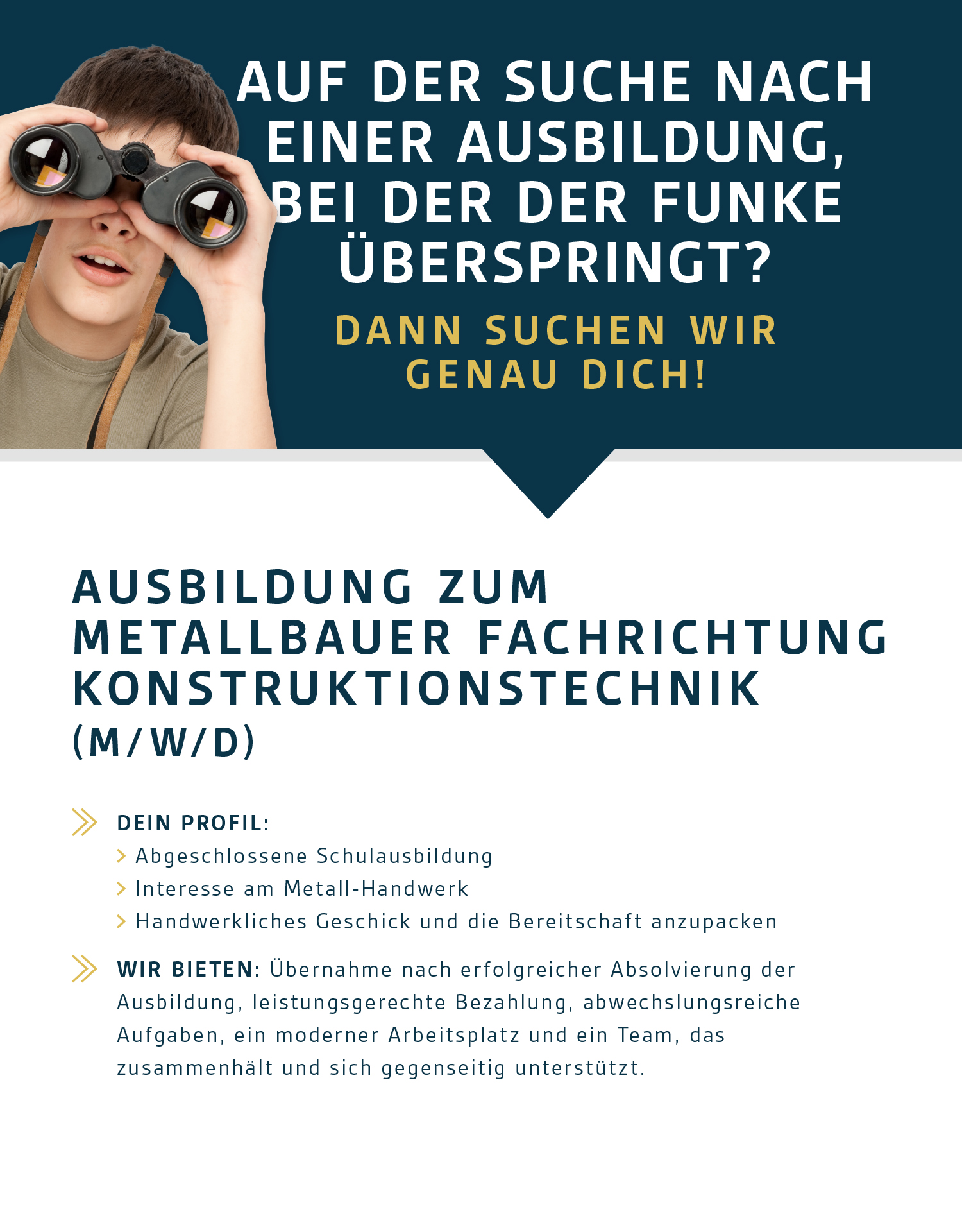 Einwerbung für eine Ausbildung zum Metallbauer Fachrichtung Konstruktionstechnik (m/w/d) mit Text über die geforderten Profile und angebotenen Vorteile.